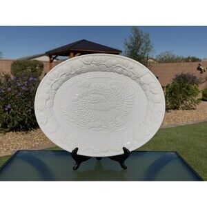 Gibson Home Banquet 16" Ceramic Turkey Serving Platter White Embossed Design NIB